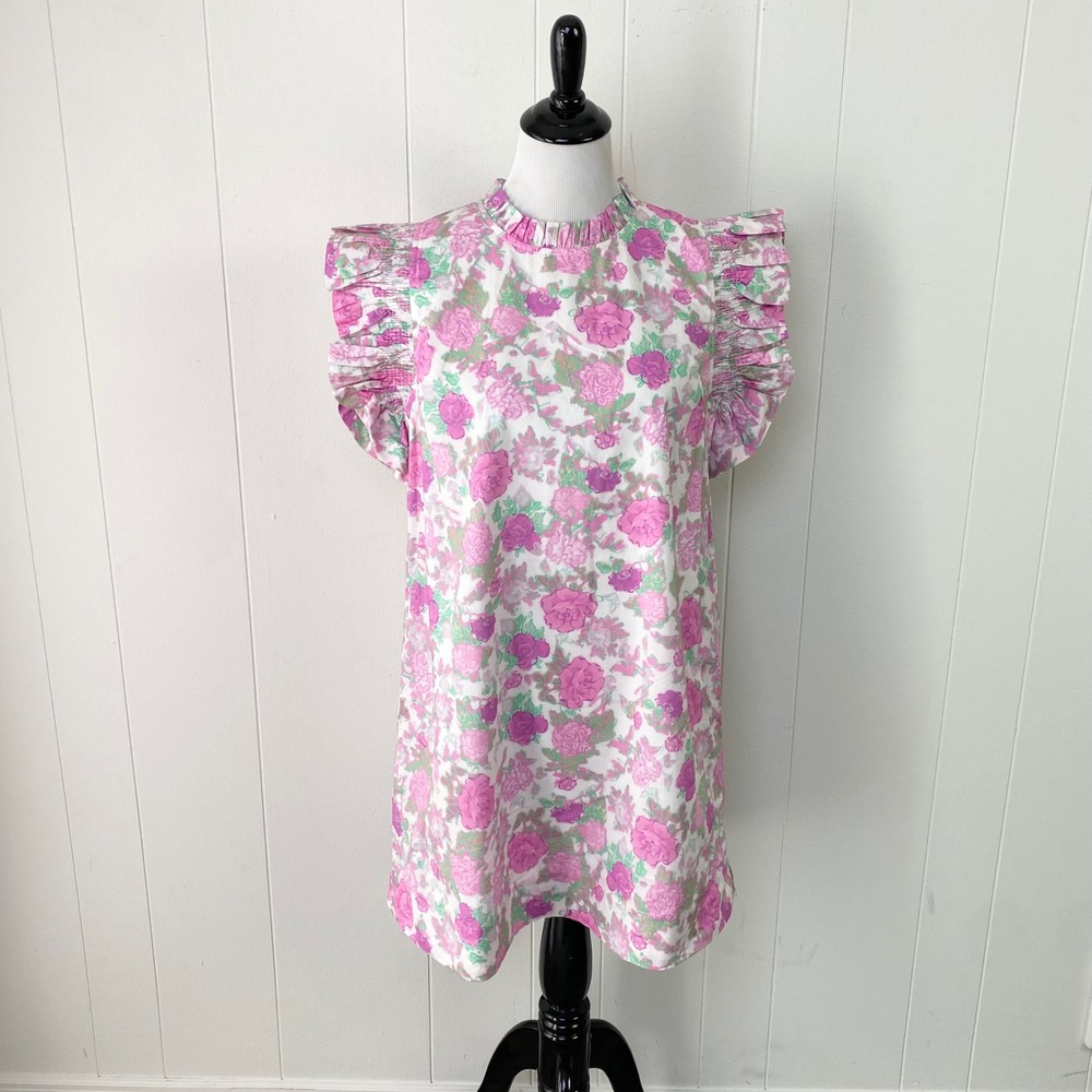 JODIFL Floral Ruffle Sleeve Cotton Mini Dress Pink Green Size Medium NWT Preppy